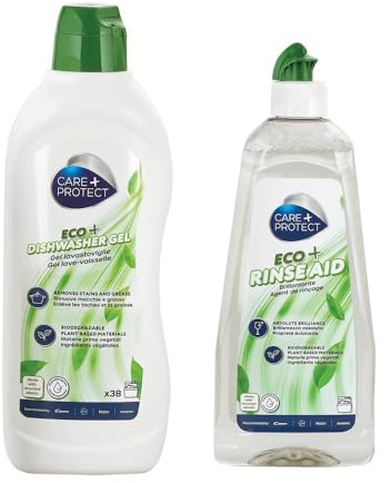 CARE + PROTECT ECO+ Dishwasher Eco-Friendly Cleaning Bundle, Two Pieces Cleaner Set: Hypoallergenic Dishwasher Detergent Degreasing and Rinsing Gel, 650 ml, Extra Shine No Halo Rinse Aid, 500ml