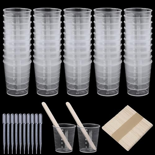 SHSHbuy 150 PCS Verre Doseur Plastique Set,30ml Tasses à Mesurer en Plastique,Gobelets de Mélange avec Compte Gouttes,Bâtons en Bois pour Art,Artisanat,Moulage,Peinture