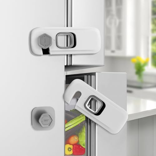 BECOMTO 2 Pack Childproof Refrigerator Lock,Cupboard Locks for Children,Freezer Lock Apply to Max 1(25mm) Sealing Strip,Cabinet Cupboard Lock for Toddlers,Easy to Install,No Tools Need or Drill,Grey