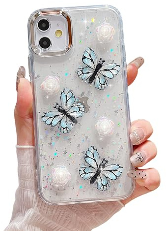 ZTUOK Fodral för iPhone 11 för kvinnor, flickor, söt 3D-fjäril blommig design gnistrande glitter, bling, mjukt TPU-skydd, stötsäkert, skyddande telefonfodral för iPhone 11 – blå