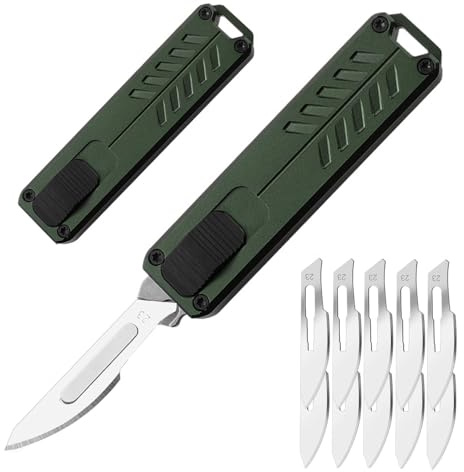 Caressolove Automatic Utility Knife, Safety Auto Box Cutter Retractable, EDC Push Button Exacto Scalpel Knife, 10PCS #23 Razor Blades Pocket Knives with Clip
