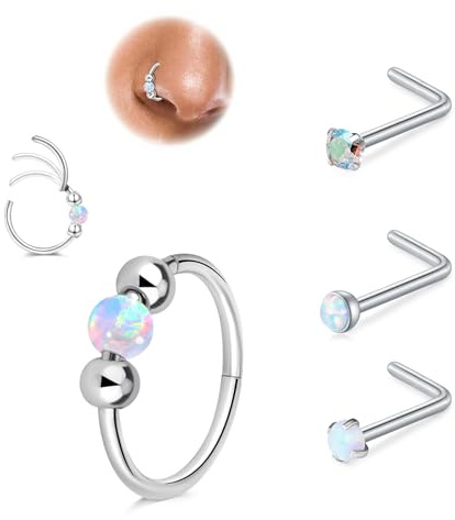 LAURITAMI 4 Pezzi Piercing Naso 18G 20G Set, Hinged Clicker Segment Piercing Naso Cerchio Argento 10mm, Acciaio Chirurgico L Forma Opale Bianco CZ Anelli Naso Stud 7mm