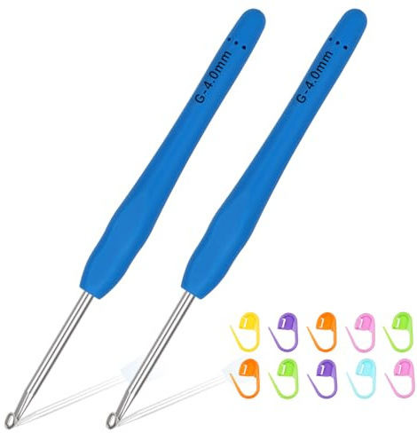 Reessy 2Pcs Crochet Hooks Set, 4.0mm Metal Crochet Hook Set with Soft Rubber Handle for Beginners and Adults, Ergonomic Crochet Hooks for Arthritis Hands Fine Crocheting