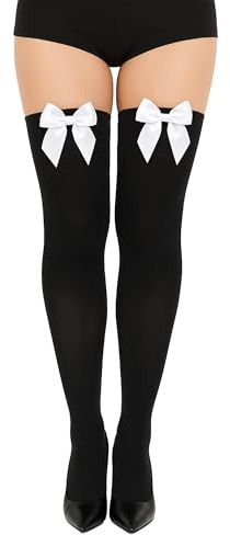 Crazy Chick® Ladies Girls Thigh High Hold Up Stocking With lace Satin Bow Over Knee Socks Daily Dress Party Favours (Black Stockings White Bow)