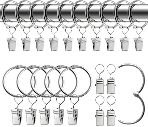 NVGVUP Silver Curtain Rings with Clips: 30 Pack Rustproof Metal Drapery Ring, Sliding Eyelet Hanging Pole Rings for Hanging Curtain, 32 mm Inner Diameter