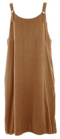 Ladies Women Italian Lagenlook Button Strap 2 Pocket Corduroy Pinafore Drawstring Hem Midi Dress One Size (UK, Alpha, One Size, Regular, Regular, Camel)