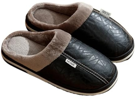 JIANBOHAIRS Foam Slippers Chaussons d'hiver Décontractés Hommes Grande Taille D'intérieur Imperméables en Cuir PU, Maison Plates Chaudes Fourrure Chambre À Coucher Tendance(Black,50-51)