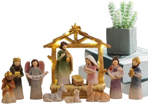 Teksome Crèche De Noël - Crèche en Résine avec Étable,Décoration Maison pour Bureau Cheminée Chambre Appartement - Décoration pour Foyer Dortoir Appartement et Bureau