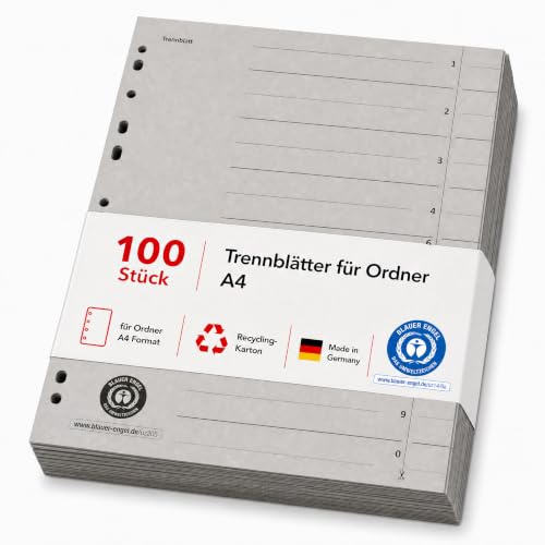 Conipa Lot de 100 intercalaires DIN A4 - Intercalaires en carton recyclé - Avec perforation européenne - Ange bleu - Fabriqué en Allemagne - Bandes de séparation pour classeur - Gris