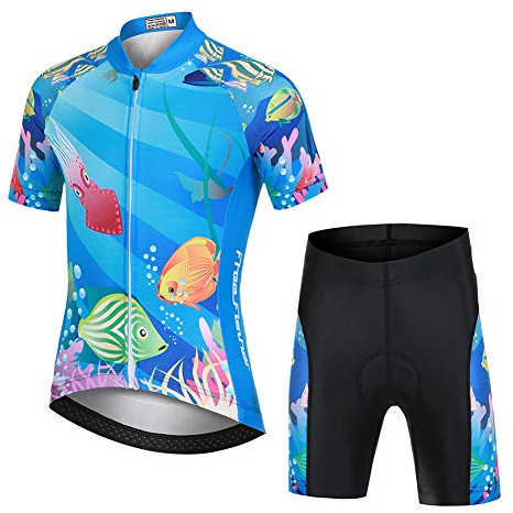 YFPICO Kinder Radtrikot Set Fahrrad Trikot Kurzarm + Radhose mit Sitzpolster Radsport-Anzüge Jungen Mädchen Fahrradbekleidung, Fische Set, S(104/110)