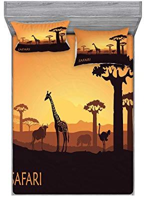 ABAKUHAUS Safari Buntes Spannbetttuch- und Kissen-Set, Exotische und Pastoral Sonnenuntergang, Dekoratives und Bedrucktes 3-teiliges Bettwäscheset, 135 cm x 190 cm, Dunkelbraun Aprikose