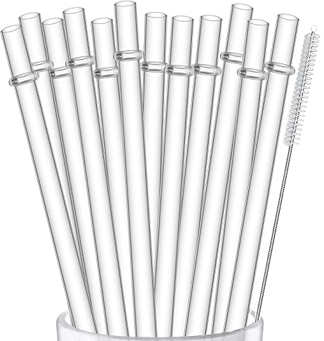 ALINK 12-Pack Reusable Hard Plastic Clear Straws, 10.5 inch Long Tumbler Straws for 16 OZ 20 OZ 30 OZ Stanley, YETI, Starbucks Tumblers with Cleaning Brush