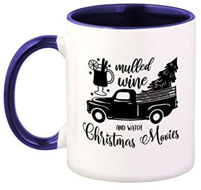Ceramic Colorful Coffee Mug 11 Ounces Mulled Wine and Watch Christmas Movies Style A Tea Cup Christmas Movies Blue Inner Handle