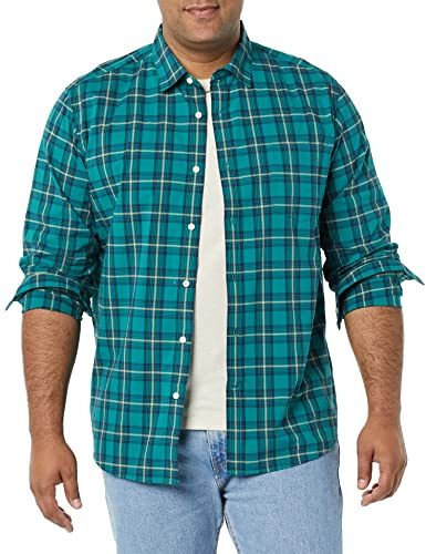 Amazon Essentials Men's Long-Sleeve Regular-Fit Stretch Poplin Shirt, Gold Green Checked, XX-Large