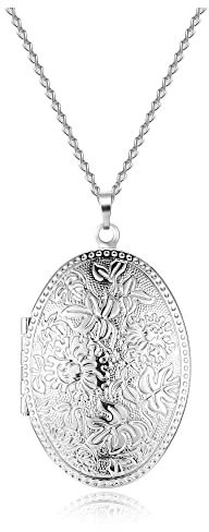 PiercingJak Vintage Bilder Medaillon zum öffnen Foto Kette Oval Amulett Anhänger Kupfer Halskette Charms Geschenke für Damen Herren, Silber