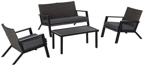 Outsunny Conjunto de Muebles de Jardín de Ratán 4 Piezas Juego de Muebles de Exterior con Sofá de 2 Plazos Sofás Individuales y Mesa de Centro para Terraza Patio Negro