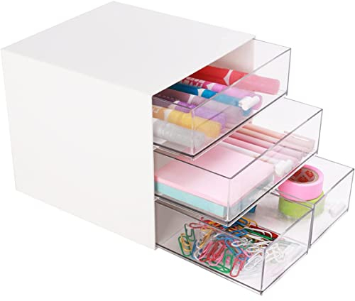 Umtiti Boîte de rangement de bureau, de maquillage avec 4 tiroirs, en plastique pour fournitures de bureau, école, maison et salle de bain (blanc, Royaume-Uni)