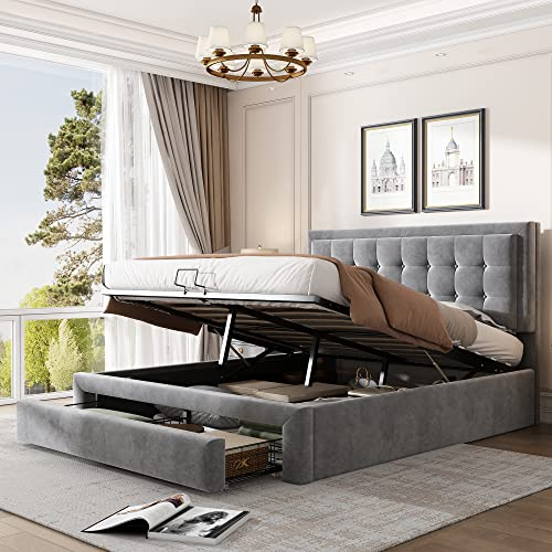 SOFTWEARY Polsterbett, Doppelbett mit Lattenrost, Bettkasten und Schublade, gepolsterter Kopfteil höhenverstellbar, Bezug aus Samt