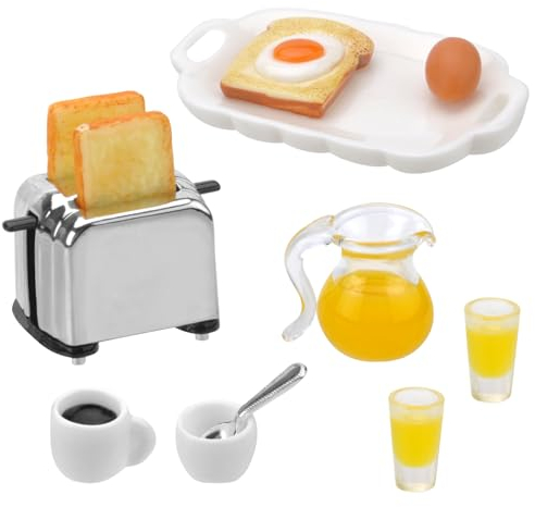 Miniatur Zubehör Frühstück, Mini Puppenhaus Zubehör Wichtel Zubehör, Puppengeschirr Porzellan, Miniatur Küche Mini Essen Mini Toastmaschine Brot Eier Kaffee Tassen Teller Löffel für Puppenhaus Küche