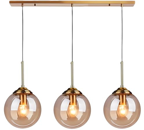 XIRYTU-H Industrial Vintage 3 Way Pendant Light with Brass Metal Finish,Adjustable Dining Room Lights Ceiling Over Table,3-in-1 Glass Ball Hanging Lamp for Kitchen Island Loft Bar (Amber, Straight)
