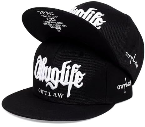 Doniya Fitness Tupac Thug Life Outlaw Baseball Cap, Black/White, Flat Brim Snapback (UK, Alpha, One Size, Black)