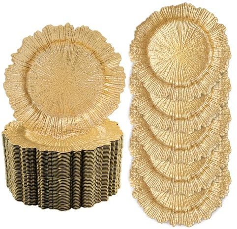 MAONAME 13 Gold Charger Plates Set of 50, Round Reef Plate Chargers Bulk