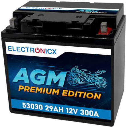 Electronicx AGM Premium Edition 53030 Motorradbatterie 12V 29Ah 300A – wartungsfrei, versiegelt, kompakt & robust. Hochleistungs-Starterbatterie: Ideal für Motorrad, Quad, ATV, Jetski, Aufsitzmäher