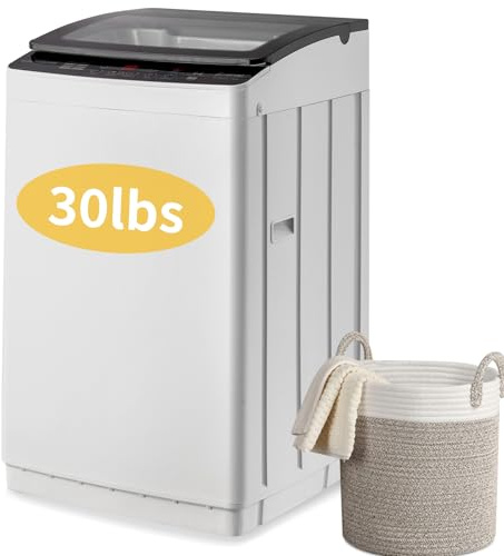 Winado Full Automatic Washing Machine, 30Lbs Tempered Glass Lid Portable Washing with Drain Pump, 8 Wash Programs 5 Water Level Washer & Spinner, 2 in 1 Washer and Dryer for Apartments, RV, Camping