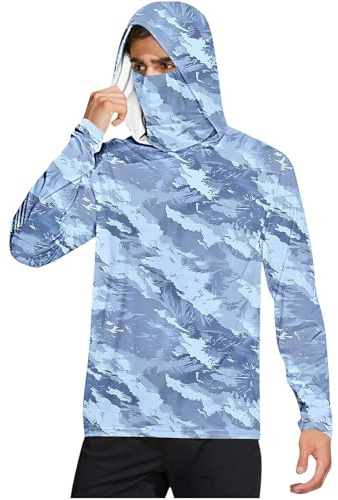 UV Shirt Men's Sun Protection Long Sleeve Shirt with Hood and Mask UPF 50+ Long Sleeve T-Shirt Summer Hoodie Rash Guard T-Shirt Sports Hoodie Thumb Hole Sports Shirt Lightweight Functional Shirt for