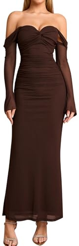 KUTUMAI Off Shoulder Long Sleeve Formal Dress Elegant Bodycon Ruched Cocktail Wedding Guest Dresses for Women 2025 Fall Brown S
