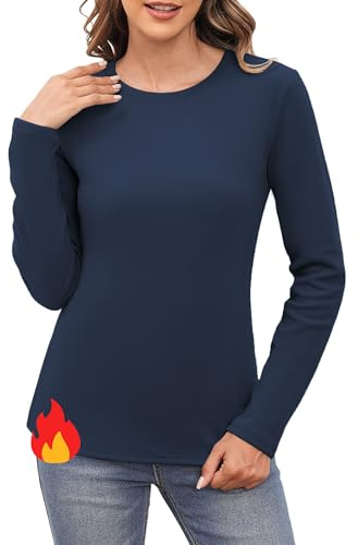 Aottori Maglia Termica Donna Girocollo Maglietta a Maniche Lunghe Fodera in Pile Basic Tops Slim Fit Maglione Tinta Unita Sottogiacca Intimo Termico Blu Scuro M