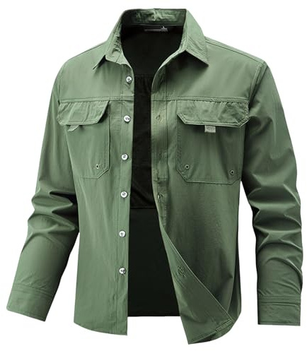 YOSUWOAI Camisa de caza para hombre, camisa de caza con botones, camisa informal para senderismo, pesca, trekking, safari, camisa de pescador, cómoda, transpirable, camisa de trabajo de color sólido