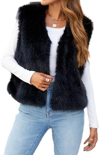Caziffer Gilet Femme sans Manche en Faux Fur Cardigan Femme Chaud Col V Manteau sans Manche à Couleur Unie pour Femmes Décontracté Streetwear (Noir, L)
