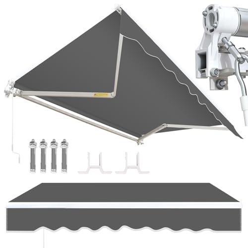 Ollewiellan Toldo de 350 x 300 cm con brazo articulado manual, protección solar con manivela, anti UV y resistente al agua, aluminio/poliéster para balcón, terraza, jardín, gris