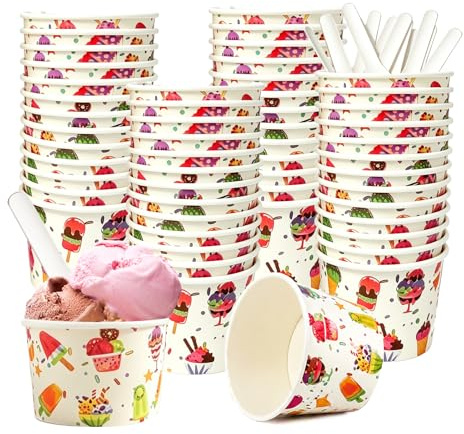 CIYIN Vasos de Papel para Helado 50 Piezas, 160ml Vasos de Helado Carton con 50 Cucharas, Vasitos de Helado Papel Cuencos para Helados, Postres, Yogur (B, 50 Piezas)
