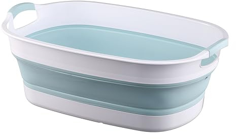 Collapsible Pet Bath Tub with Drain Plug, Foldable Washing Basin for Small Dogs & Cats, Space Saving Laundry Basket, Non-Slip Handles, Portable for Pet Bath, Laundry & Camping, 55L White Light Blue