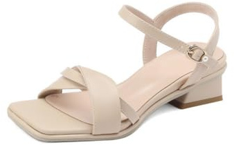 Genérico Mujer Hebilla Tobillo Ajustable Correa Cruzada Punta Cuadrada Abierta Tacón Bloque Bajo Sandalias Elegantes Verano Zapatos Casuales para Uso Diario,Beige,39 EU