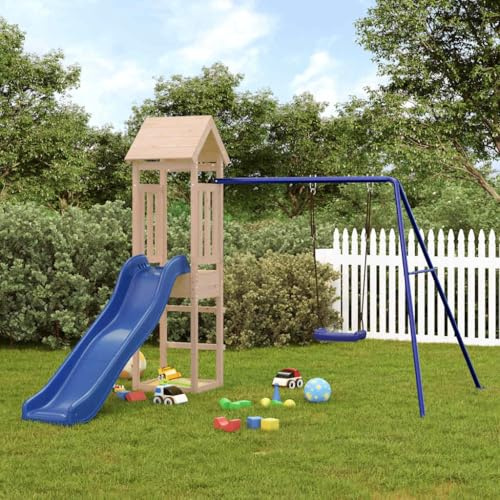mzdioop Torre de juegos de madera maciza de pino con tobogán ondulado y columpio individual, juguete de jardín para niños de 3 a 8 años, parque infantil al aire libre con caja de arena, marco de