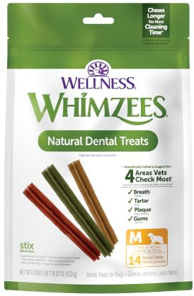 Whimzees Wellness Stix Natural Dog Dental Treat, Chews, Freshens Breath, Medium Size Sticks, 14.81 oz Bag, 14 Count