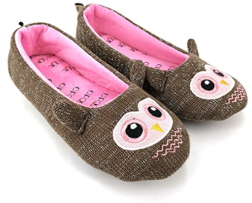 ofoot Chaussons Femmes Maison Ballerine,Pantoufles Intérieur Moelleuses Tricotées Visage Animaux Mignons avec Semelle en Caoutchouc Antidérapante (Hibou brun, 38/39 EU)
