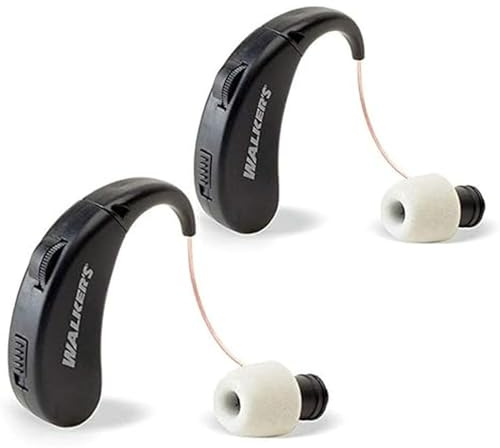 Walker's Ultra Ear BTE Rechargeable Compact Adjustable 22dB Noise Reduction Hunting Outdoor Sound Amplifier Hearing Enhancer | Ear Tips, USB Charging Cable, Cleaning Brush - 2 Pack