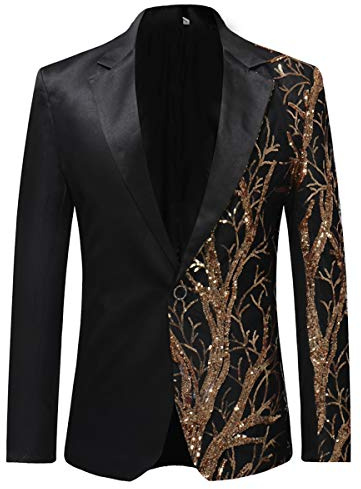 Cloudstyle Mens Stylish Dinner Tux Dress Blazer Gold Sequin Slim Fit Suit Jacket Sport Coat