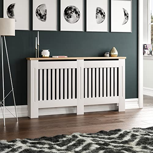 Vida Designs Arlington Cache-radiateur Moderne à Lattes, MDF Blanc, étagère supérieure en Bois, Grand