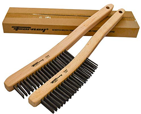 Forney 70504A 2-Pack Carbon Steel Wire Brush's with Curved Wood Handle, 13-3/4-Inch-by-.014-Inch, Assorted