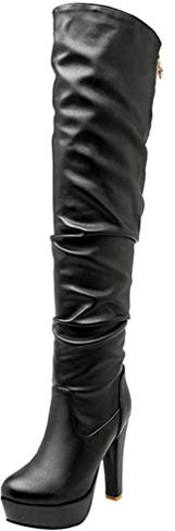 Birdsight Chaussures Botte Cuissarde Femme Plateforme Boots Longue Talon Haut 12CM Bloc Carrés Eclair Winter Bootie Zip Thigh High Chunky Heels Sexy(Noir,39)