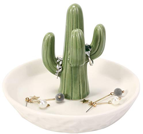 HOME SMILE Ceramic Cactus Ring Holder with Derorative White Dish for Jewelry,Christmas Birthday Gifts for Women