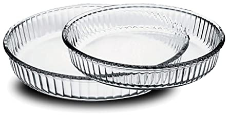 JUANIO Juego de 2 Moldes Platos para Tartas Fuente de Horno Multiusos de Cristal Redondo Transparente - Diámetro 32/26 cm