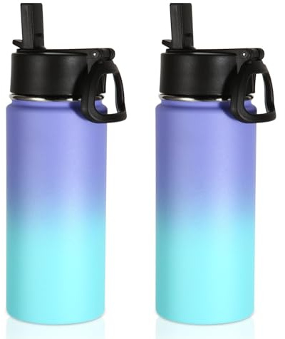 Volhoply 480ml Kids Water Bottle Bulk 2 Pack,Insulated Sports Bottles with Straw Lid,Stainless Steel Bottle with Handle Keep Cold & Hot,Double Wall Vacuum Flask for School(Purple Blue,Set of 2)