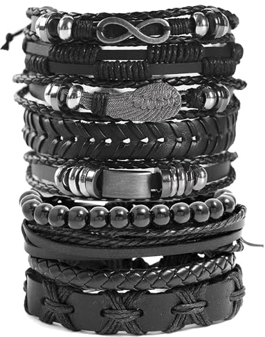 EGOINA Läderarmband för män, punk läder, 8–10 stycken flätad manschett, armband, träpärlor, dödskalle, metall, läderarmband