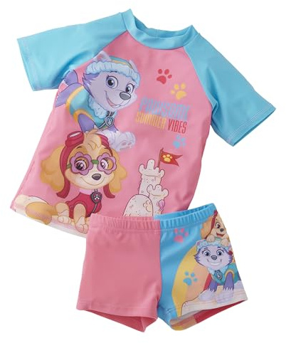 United Labels Paw Patrol - Bañador de dos piezas con protección UV 50+ para niña, color rosa, con camiseta y pantalón, color rosa, rosa/azul, 122-128